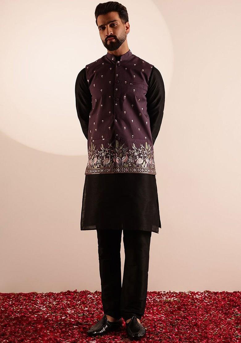 Black Solid Silk Kurta Set For Men