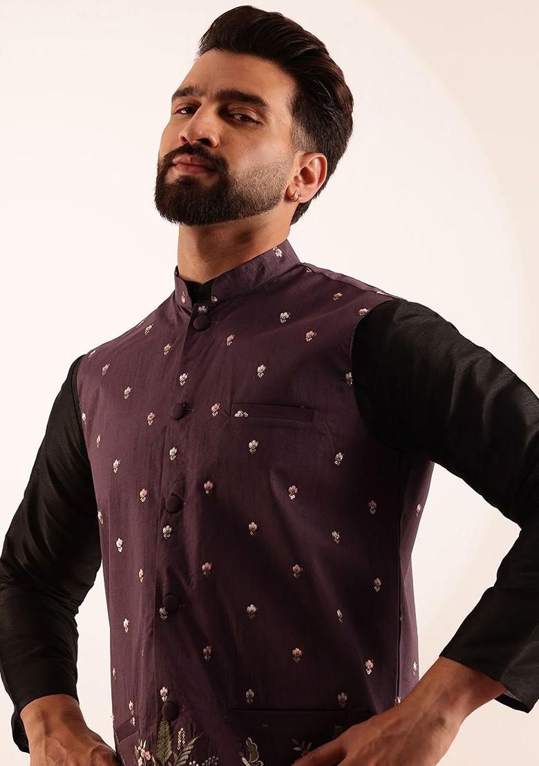 Black Solid Silk Kurta Set For Men