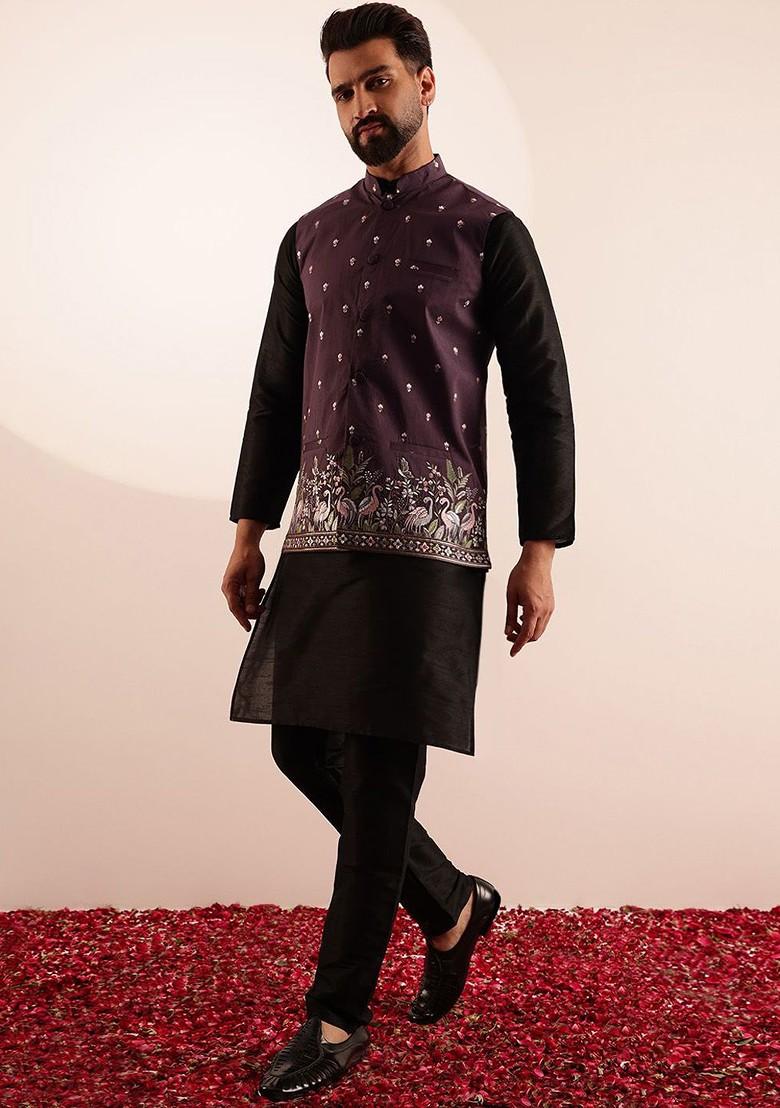 Black Solid Silk Kurta Set For Men