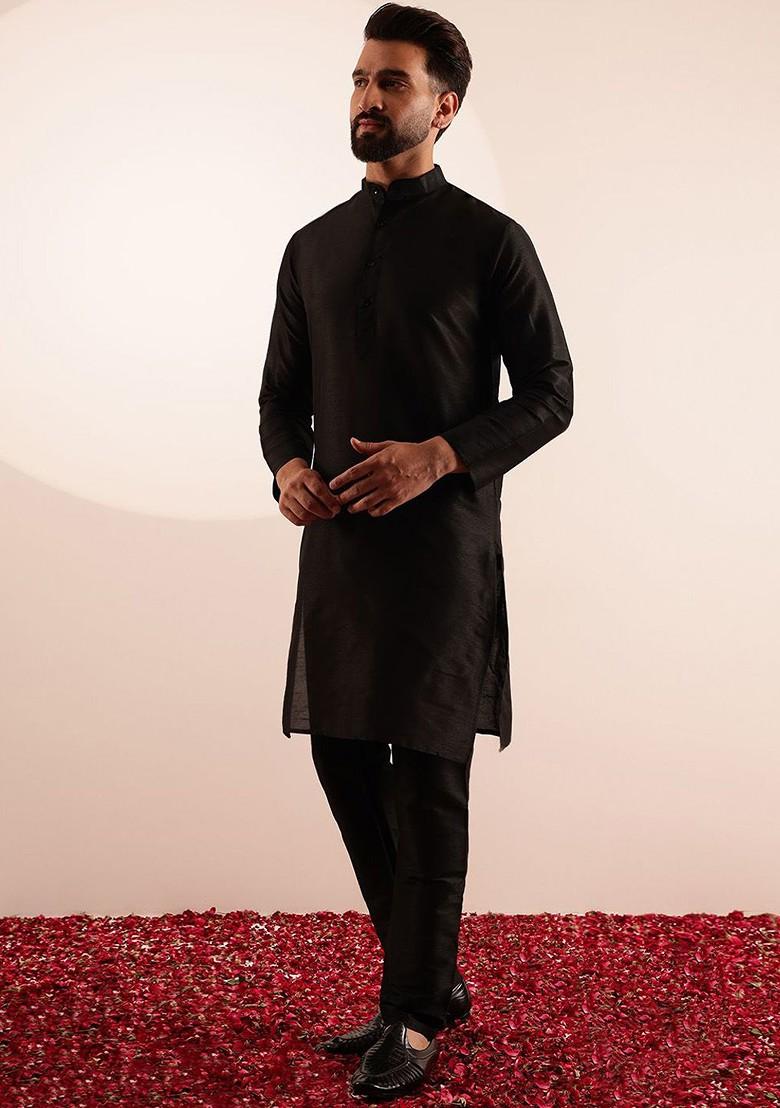 Black Solid Silk Kurta Set For Men