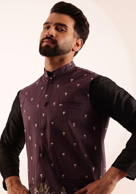 Black Solid Silk Kurta Set For Men