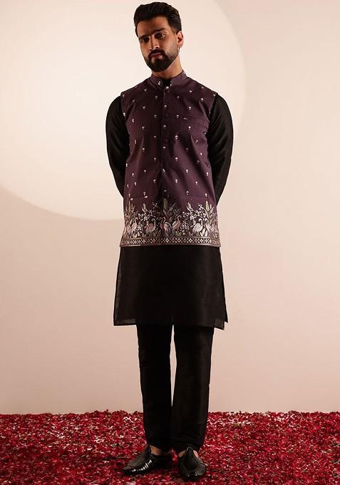 Black Solid Silk Kurta Set For Men