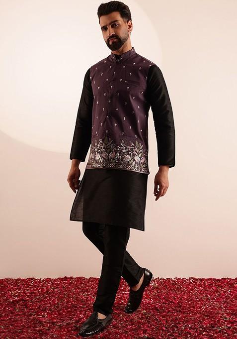 Black Solid Silk Kurta Set For Men