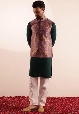 Green Embroidered Cotton Kurta Set For Men