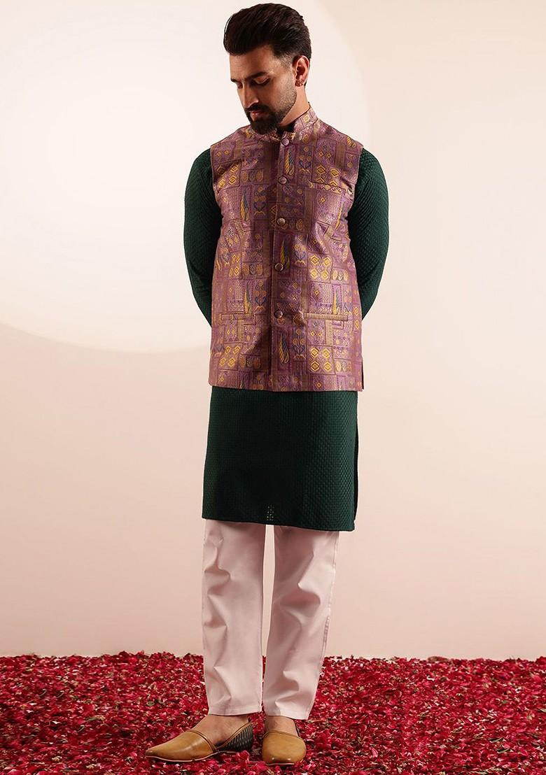 Green Embroidered Cotton Kurta Set For Men