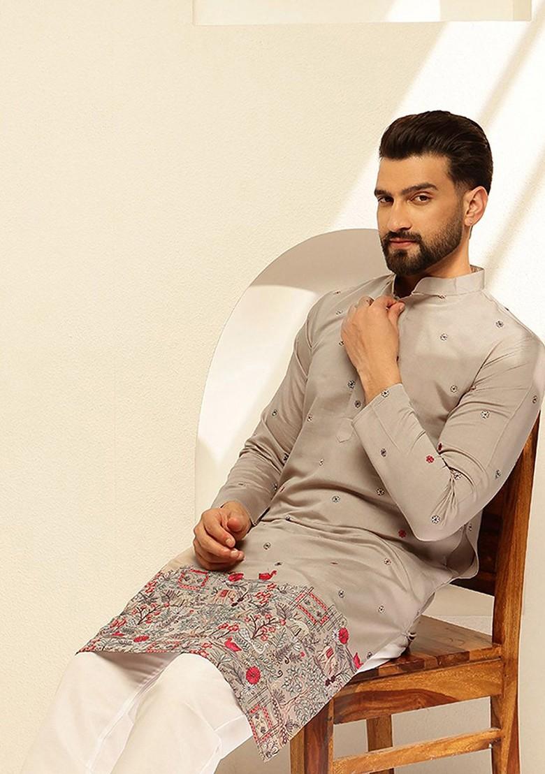 Grey Thread Work Poly Blend Kurta Set For Men