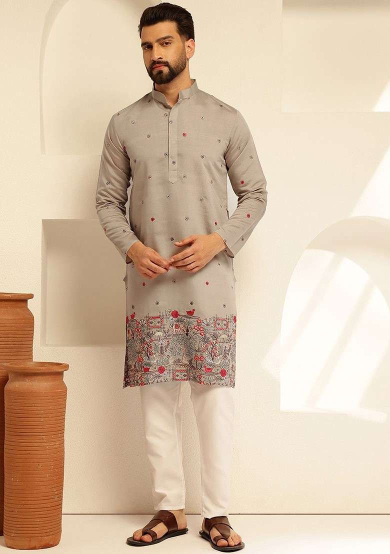 Grey Thread Work Poly Blend Kurta Set For Men - Indya