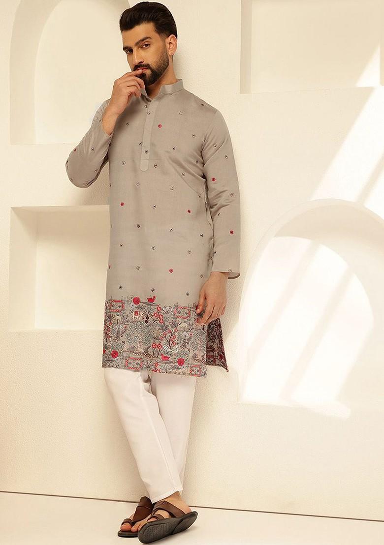 Grey Thread Work Poly Blend Kurta Set For Men