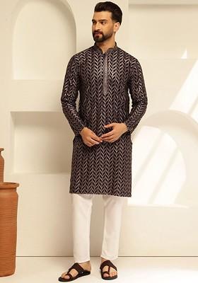 Black Embroidered Cotton Kurta Set For Men