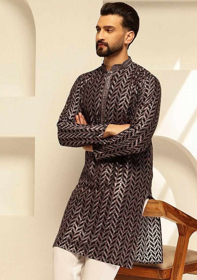 Black Embroidered Cotton Kurta Set For Men