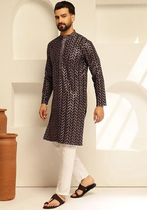 Black Embroidered Cotton Kurta Set For Men