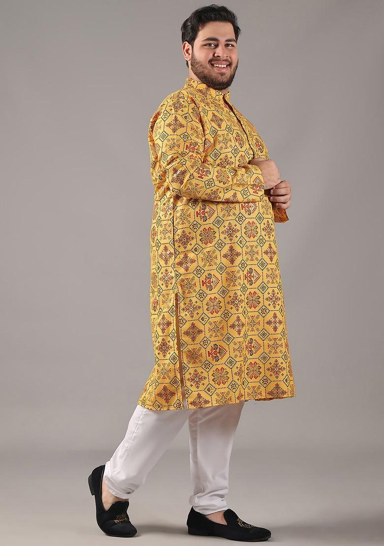 Yellow Ethnic Motifs Poly Blend Kurta Set For Men