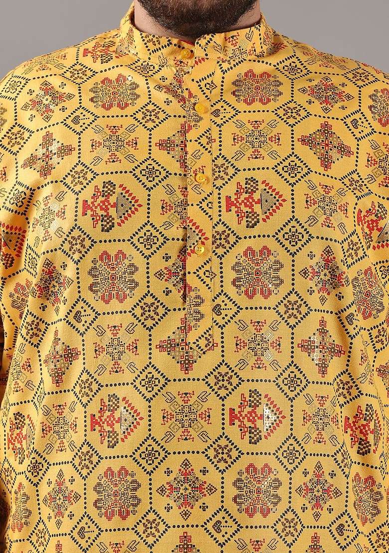 Yellow Ethnic Motifs Poly Blend Kurta Set For Men - Indya