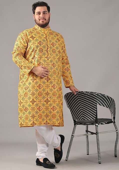 Yellow Ethnic Motifs Poly Blend Kurta Set For Men
