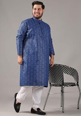 Navy Blue Ethnic Motifs Poly Blend Kurta Set For Men