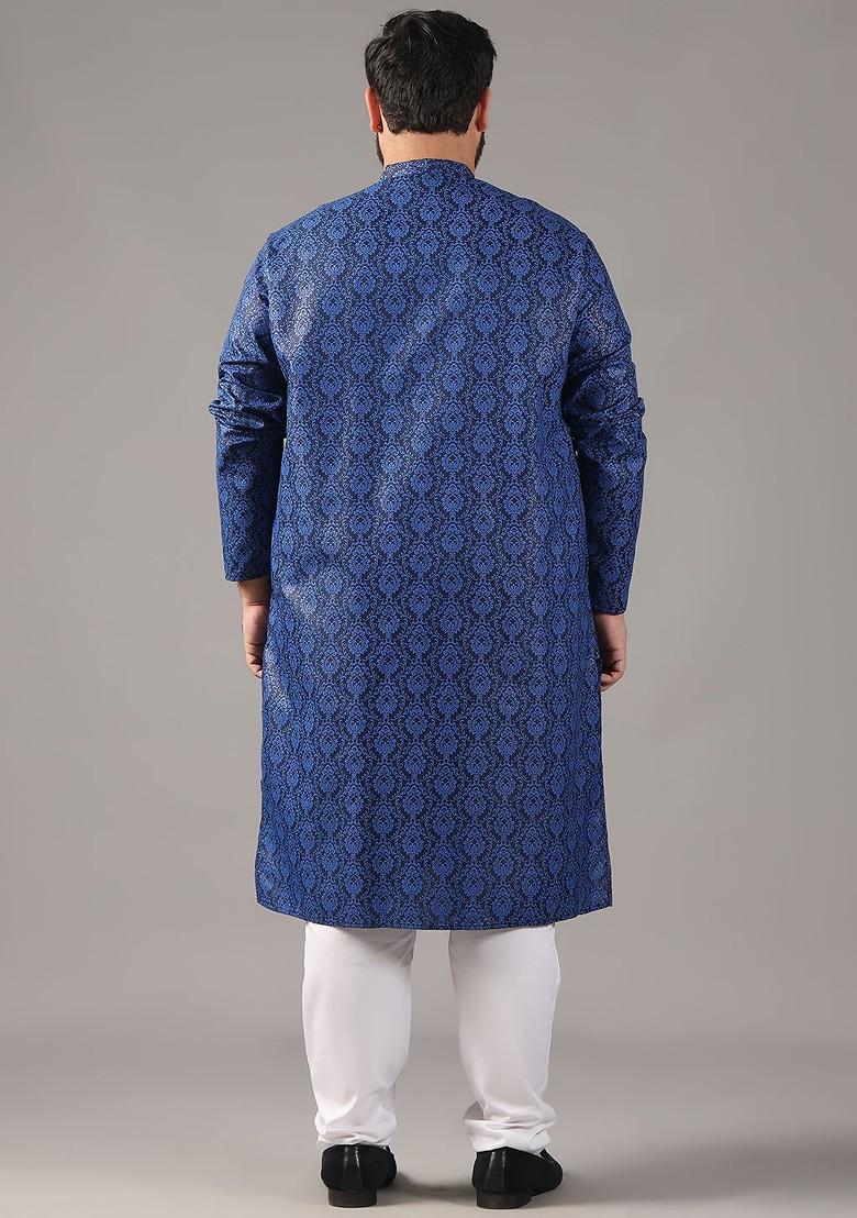 Navy Blue Ethnic Motifs Poly Blend Kurta Set For Men