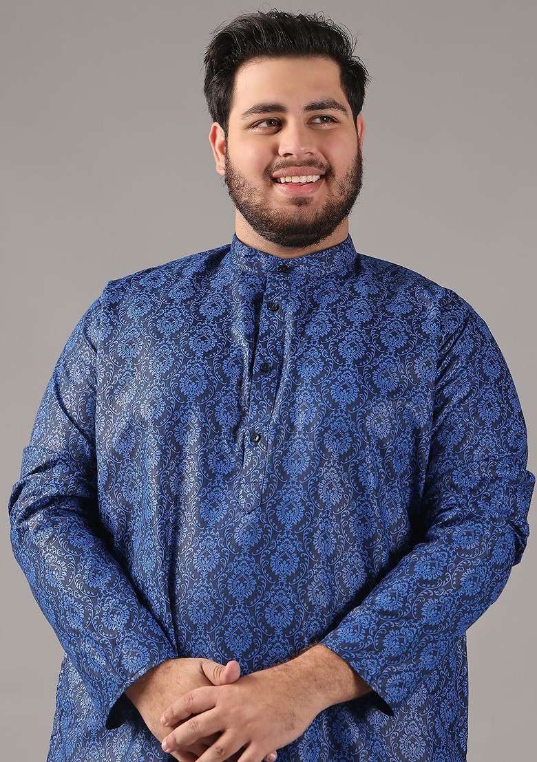 Navy Blue Ethnic Motifs Poly Blend Kurta Set For Men - Indya
