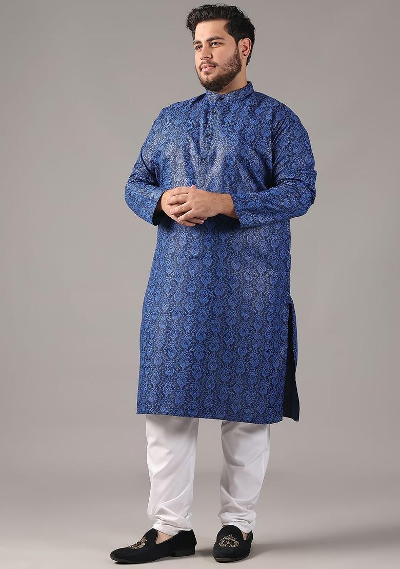 Navy Blue Ethnic Motifs Poly Blend Kurta Set For Men