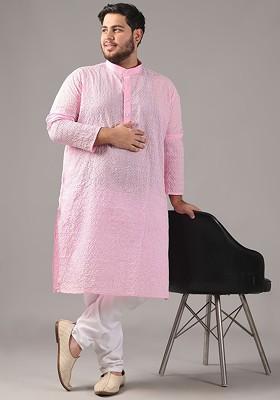 Pink Embroidered Cotton Kurta Set For Men
