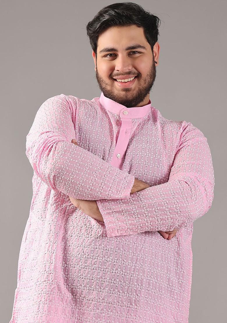 Pink Embroidered Cotton Kurta Set For Men