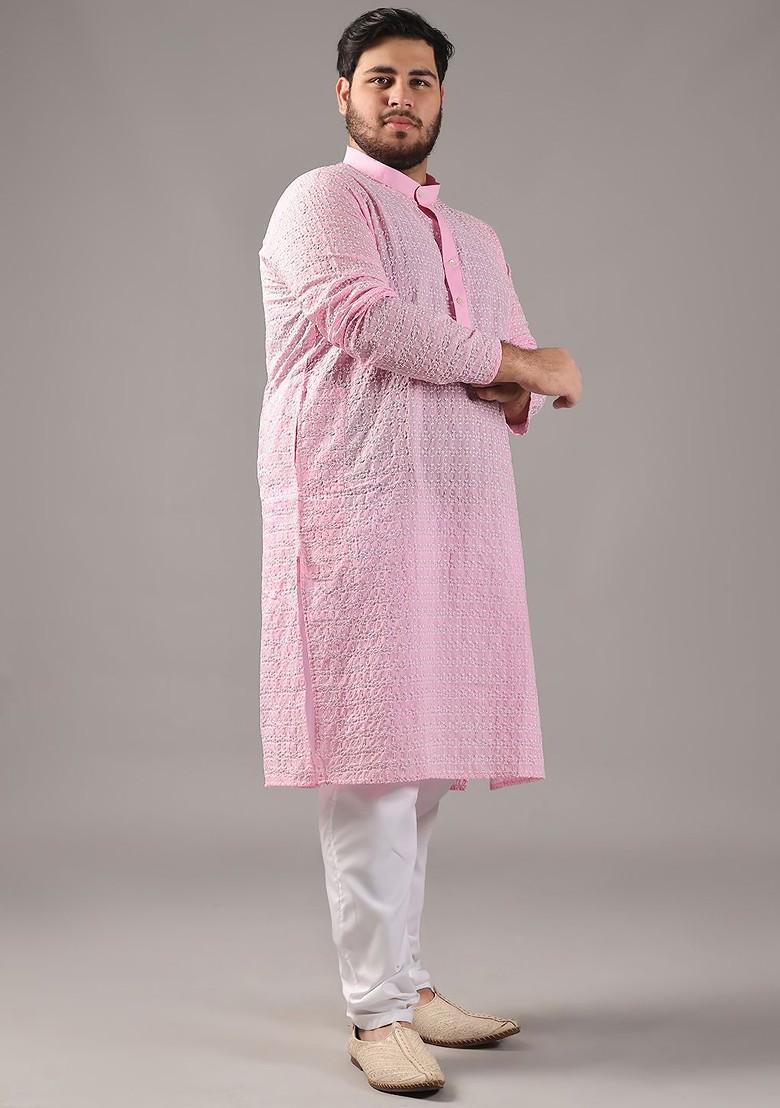 Pink Embroidered Cotton Kurta Set For Men
