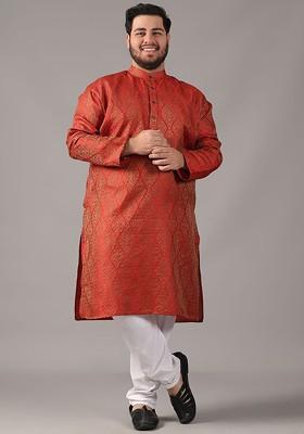 Red Ethnic Motifs Poly Blend Kurta Set For Men