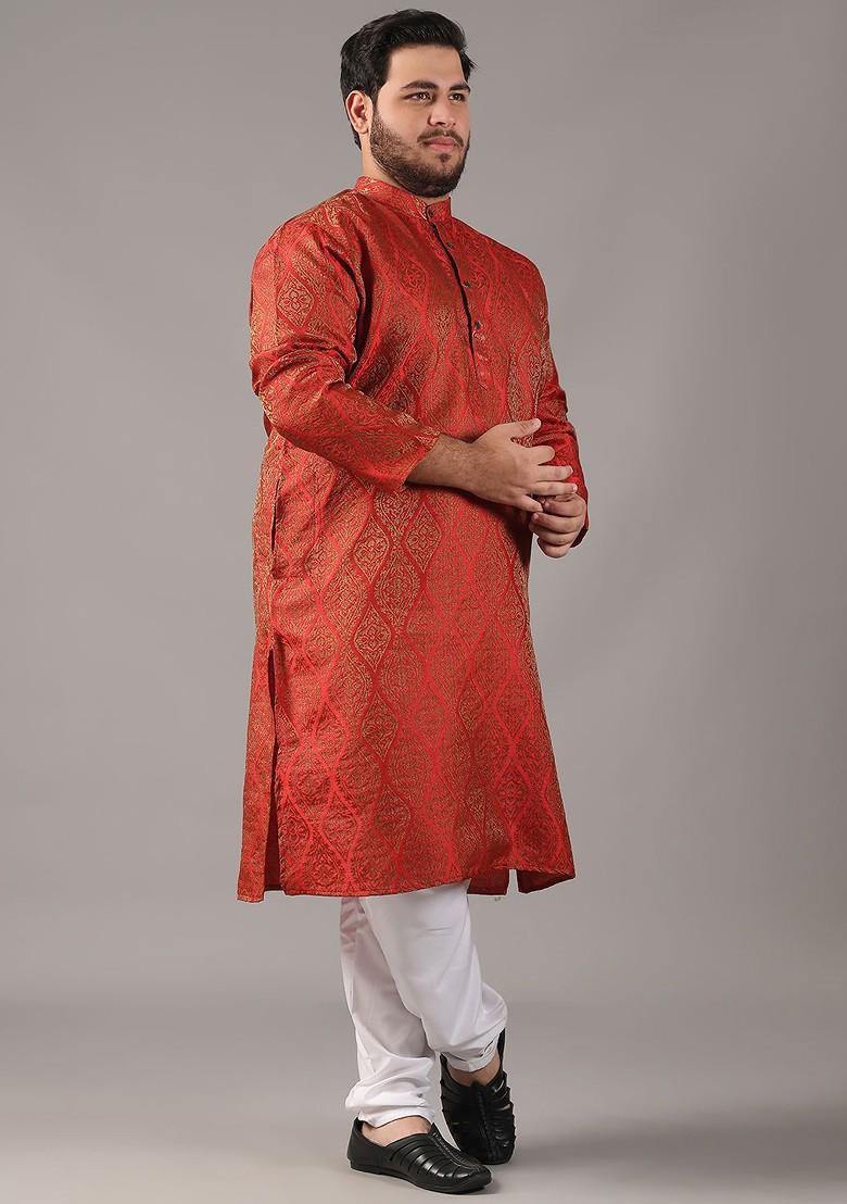 Red Ethnic Motifs Poly Blend Kurta Set For Men
