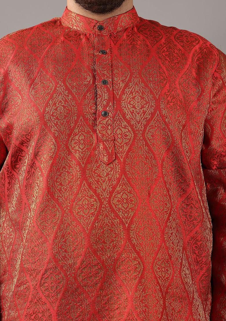 Red Ethnic Motifs Poly Blend Kurta Set For Men