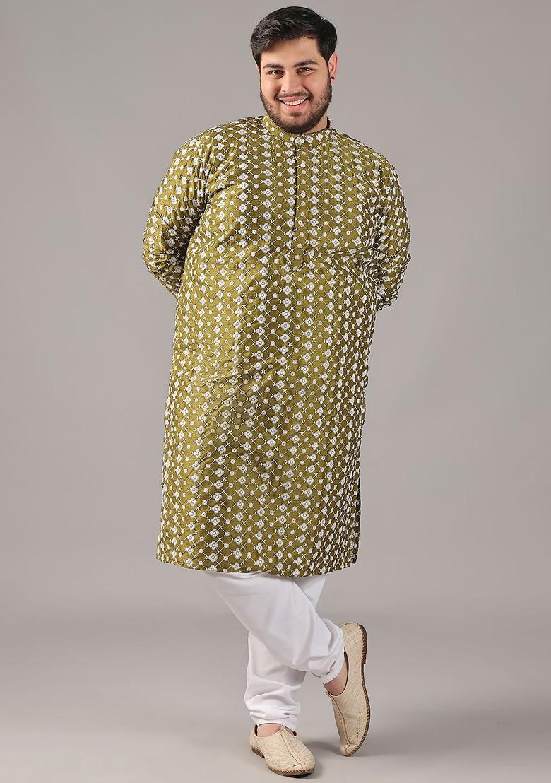 Green Embroidered Poly Blend Kurta Set For Men