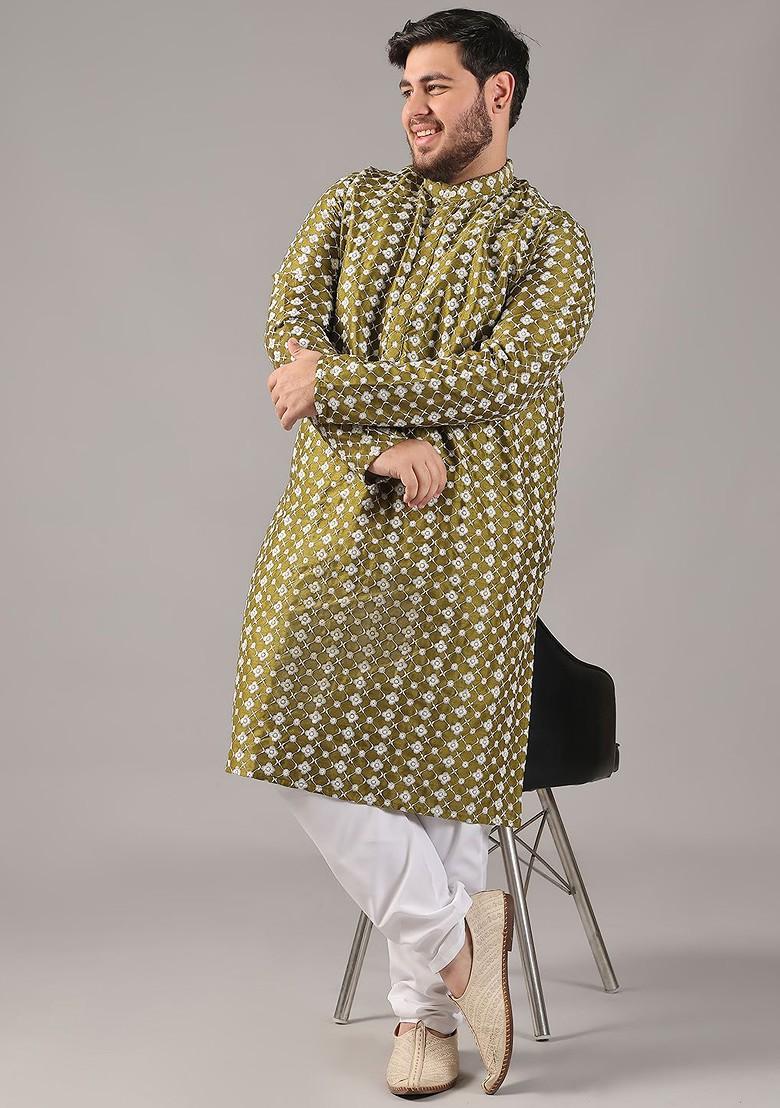 Green Embroidered Poly Blend Kurta Set For Men