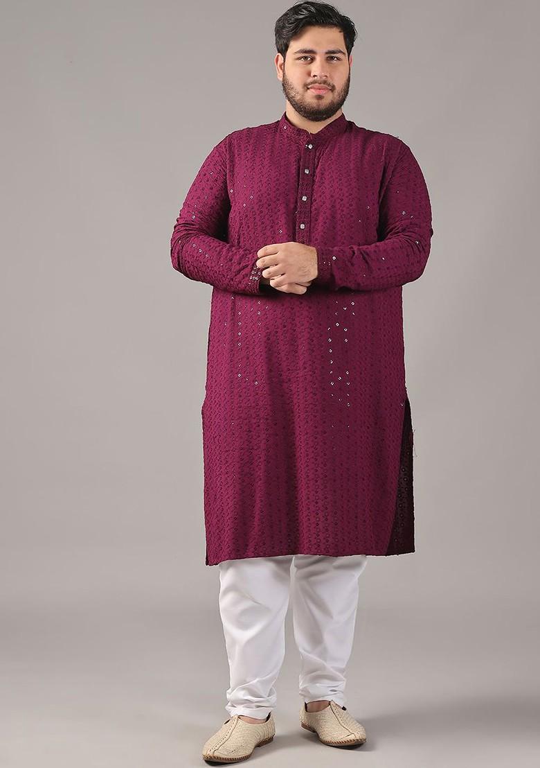 Burgundy Embroidered Cotton Kurta Set For Men