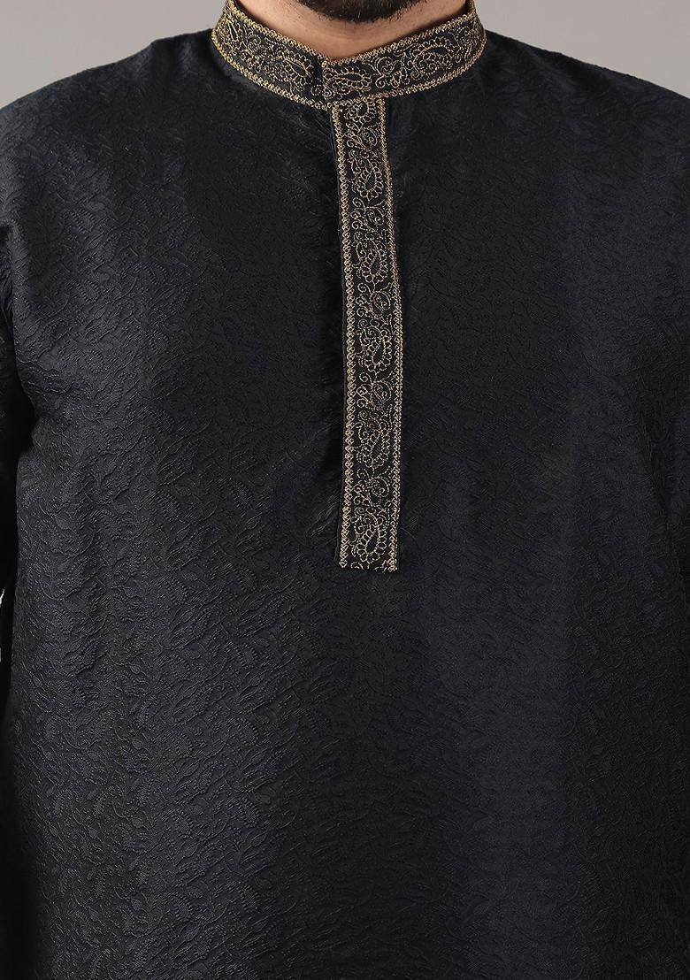 Black Woven Poly Blend Kurta Set For Men