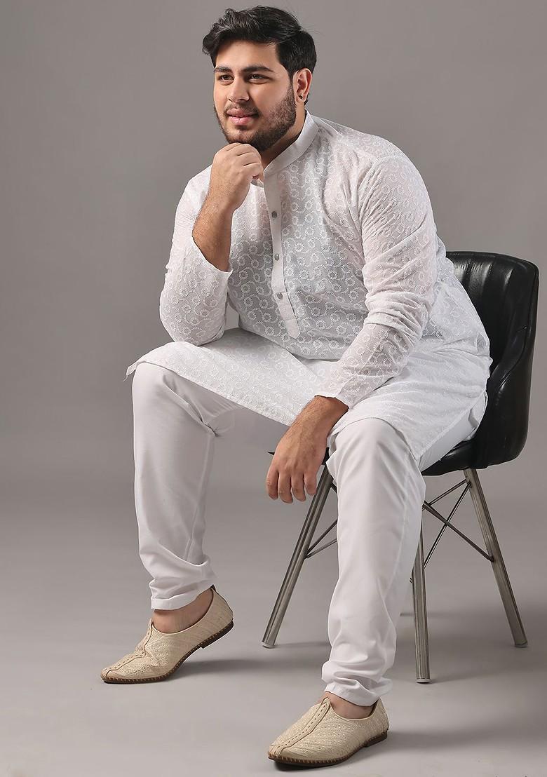 White Embroidered Cotton Kurta Set For Men