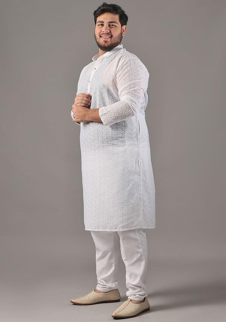 White Embroidered Cotton Kurta Set For Men