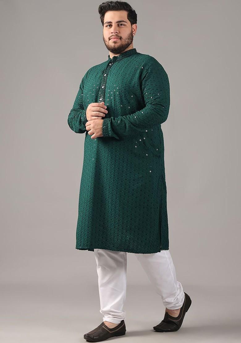 Green Embroidered Cotton Kurta Set For Men