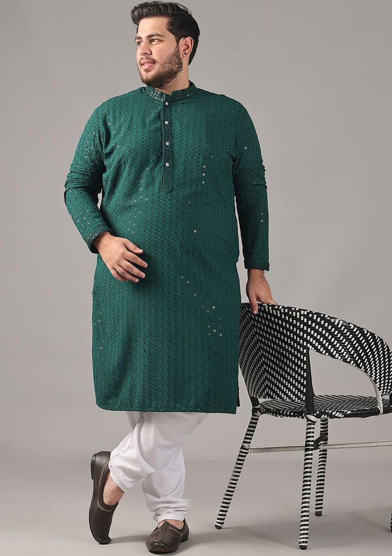 Green Embroidered Cotton Kurta Set For Men
