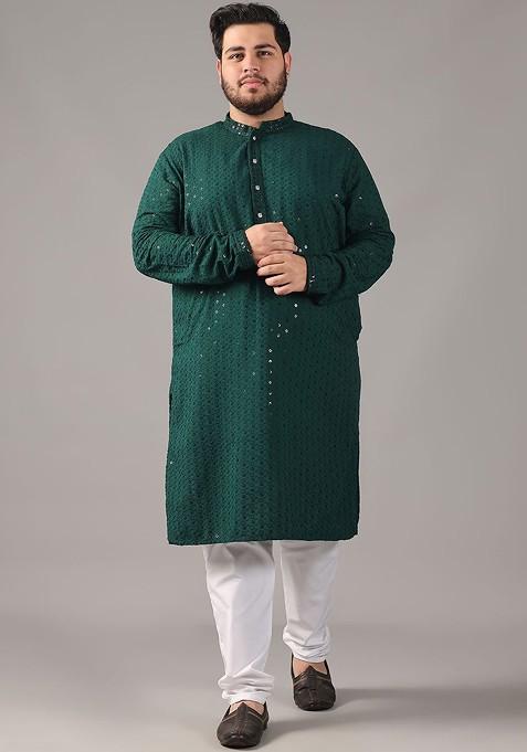 Green Embroidered Cotton Kurta Set For Men