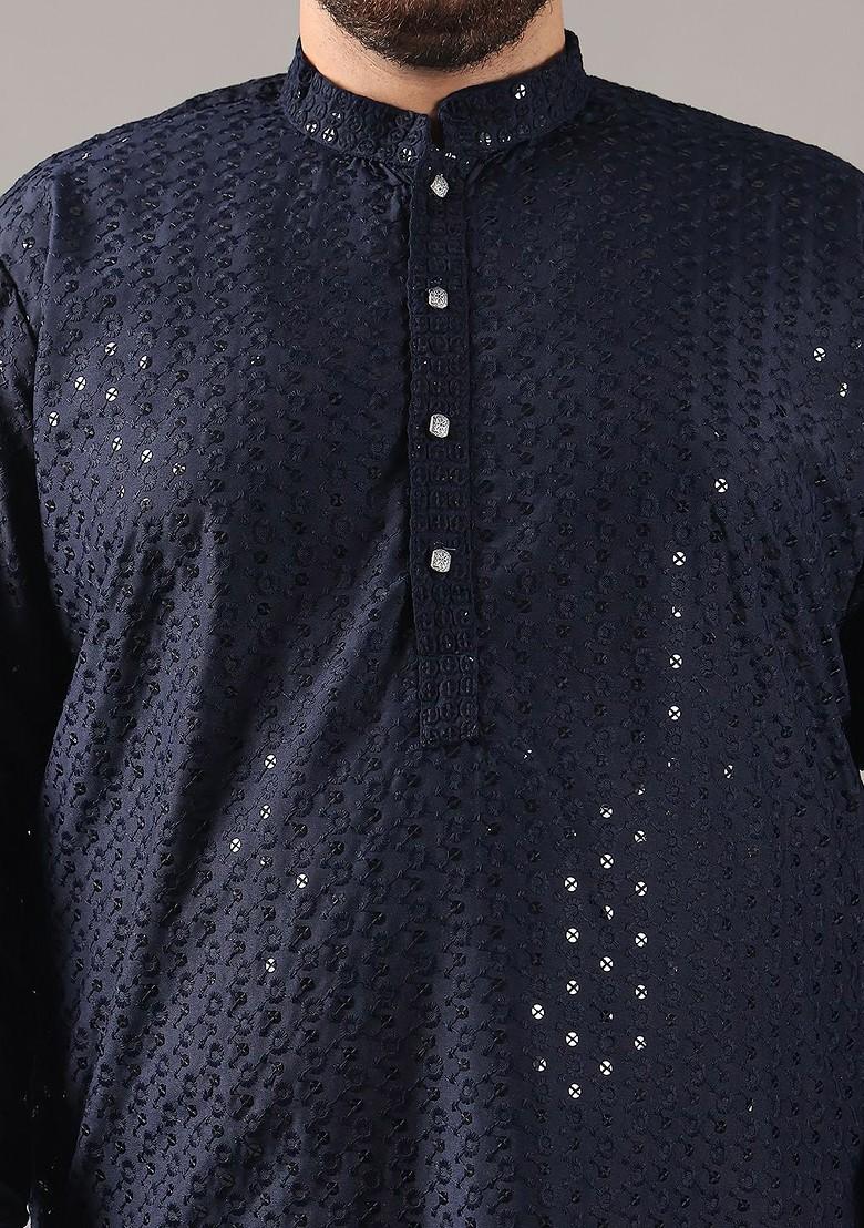 Navy Blue Embroidered Cotton Kurta Set For Men