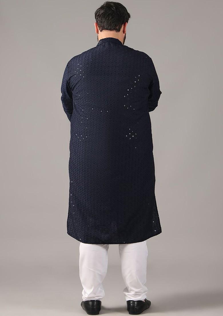 Navy Blue Embroidered Cotton Kurta Set For Men
