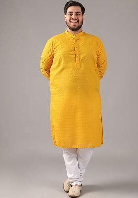 Mustard Embroidered Cotton Kurta Set For Men