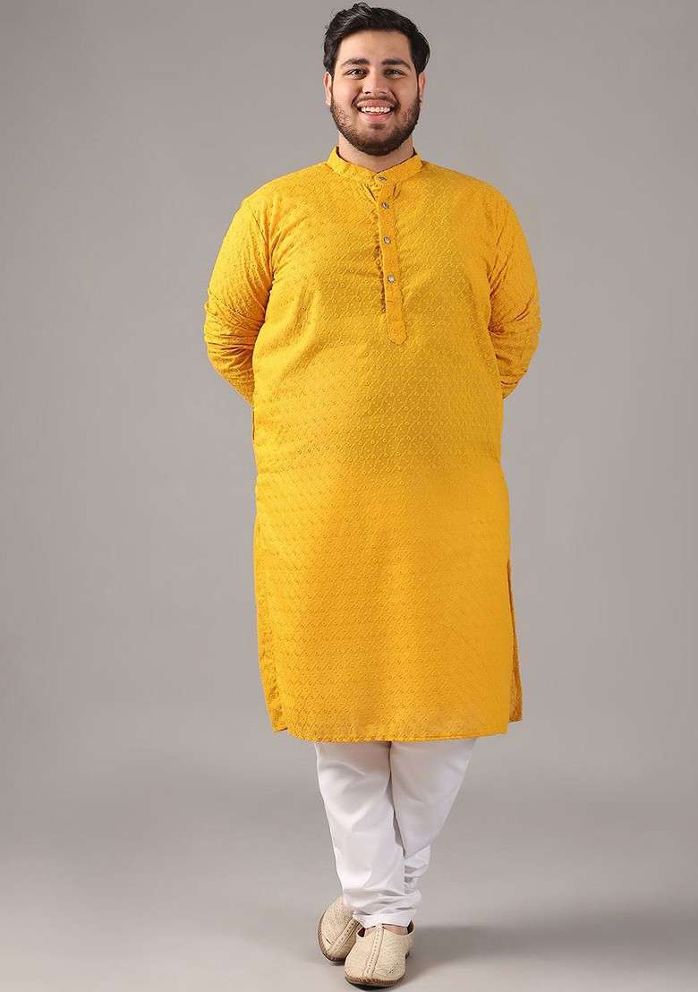 Mustard Embroidered Cotton Kurta Set For Men - Indya