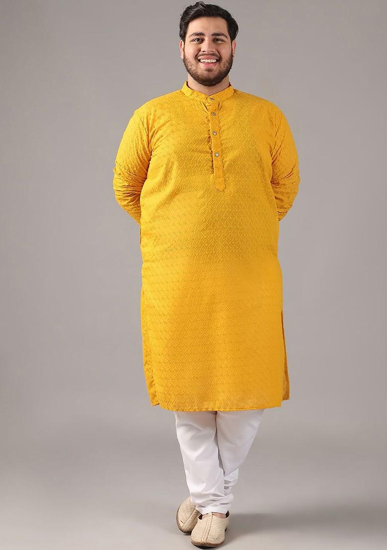 Mustard Embroidered Cotton Kurta Set For Men