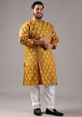 Mustard Ethnic Motifs Poly Blend Kurta Set For Men