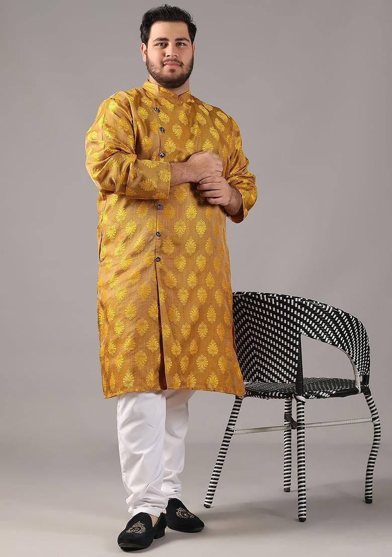 Mustard Ethnic Motifs Poly Blend Kurta Set For Men