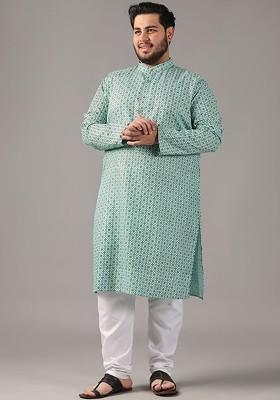 Sea Green Ethnic Motifs Cotton Kurta Set For Men