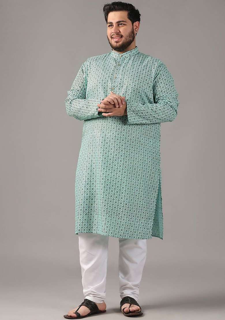 Sea Green Ethnic Motifs Cotton Kurta Set For Men - Indya