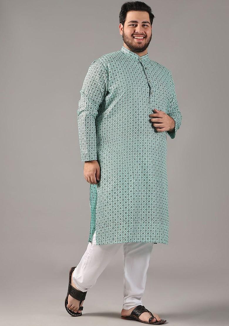 Sea Green Ethnic Motifs Cotton Kurta Set For Men