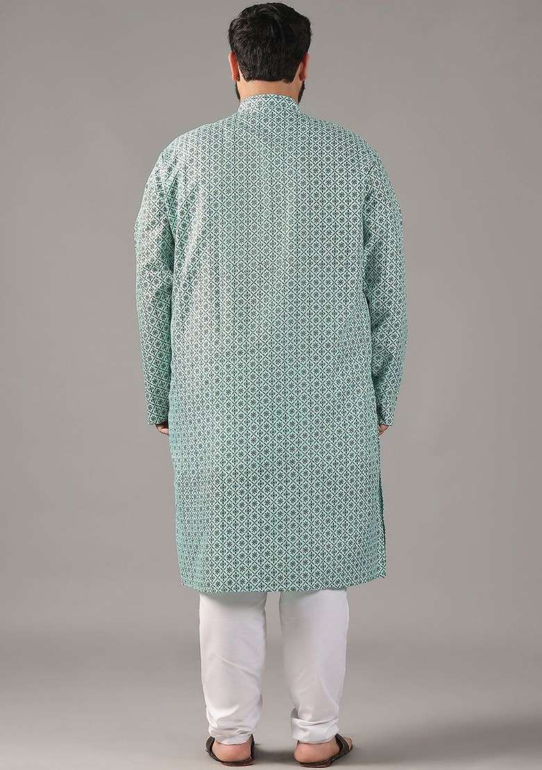 Sea Green Ethnic Motifs Cotton Kurta Set For Men - Indya