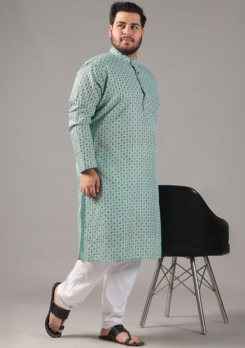 Sea Green Ethnic Motifs Cotton Kurta Set For Men