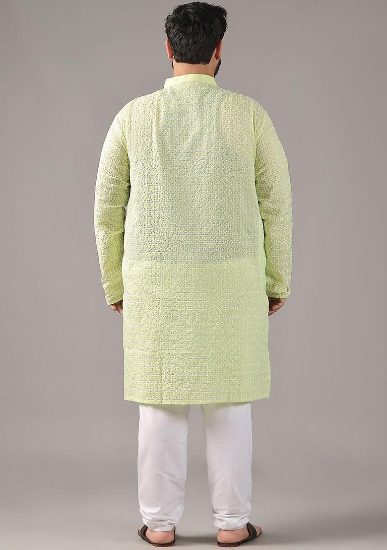 Green Embroidered Cotton Kurta Set For Men